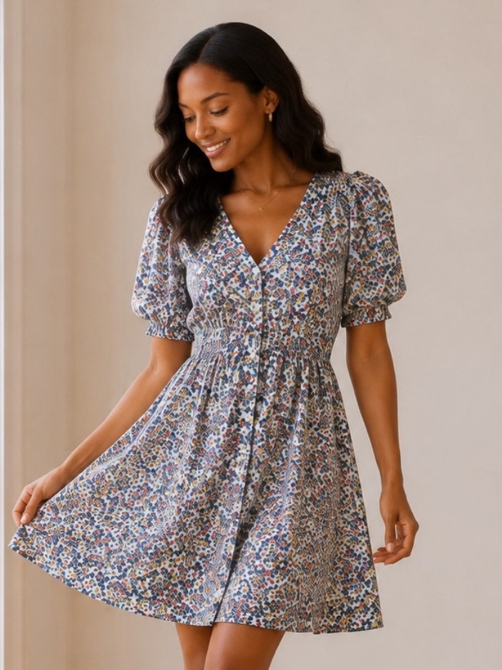 LOFT Floral V-Neck Puff Sleeve Mini Dress - Blue Multi